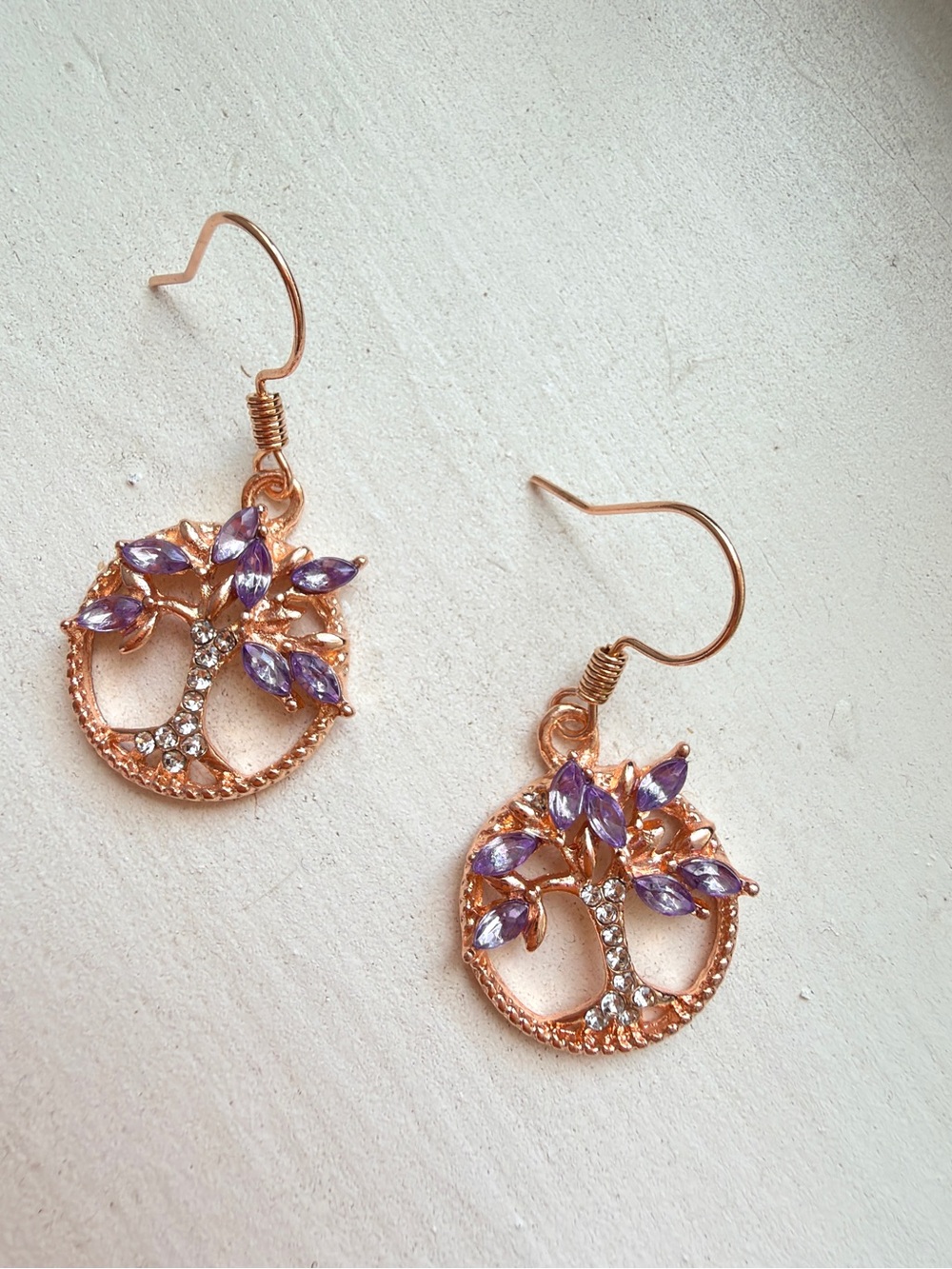 Rose Gold Tree of Life Drop Earrings with Purple Stones